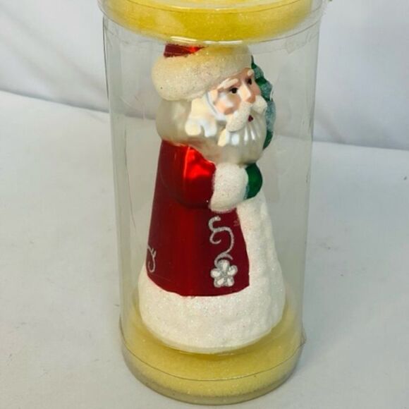 Santa St. Nick Red Coat Holding Tree Mica Glitter Glass Christmas Ornament 6" Ex - Picture 5 of 5